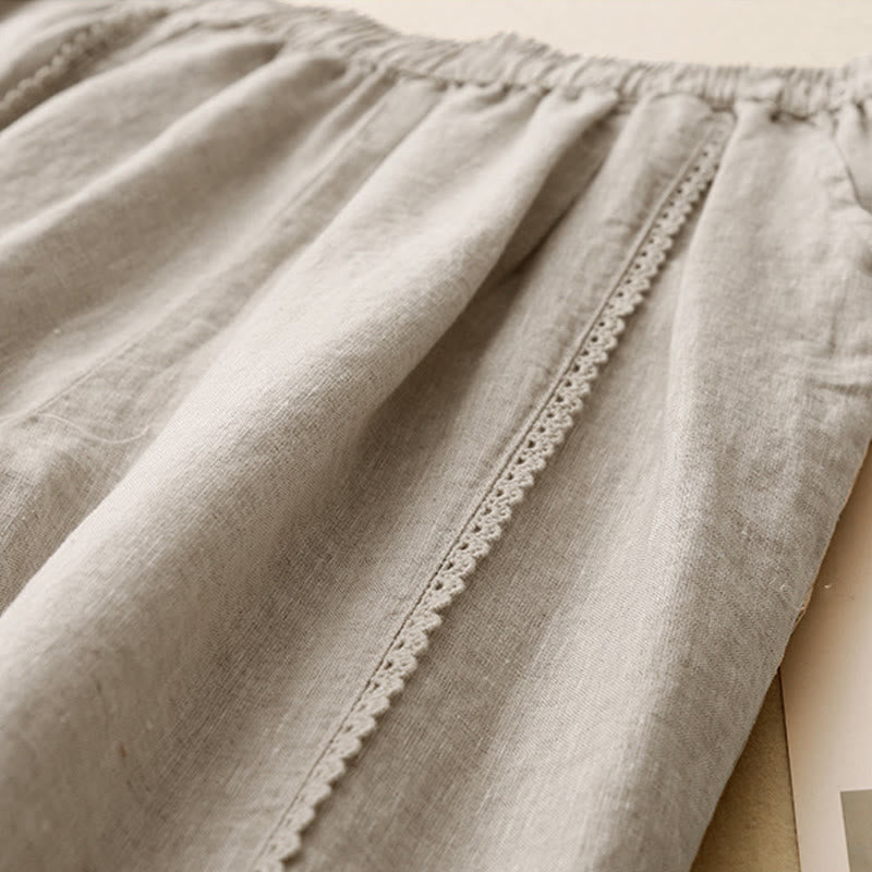 Pantalones de lino y algodón con cintura alta y bolsillos para mujer, con botones de rana y encaje de Buddha Stones Summer