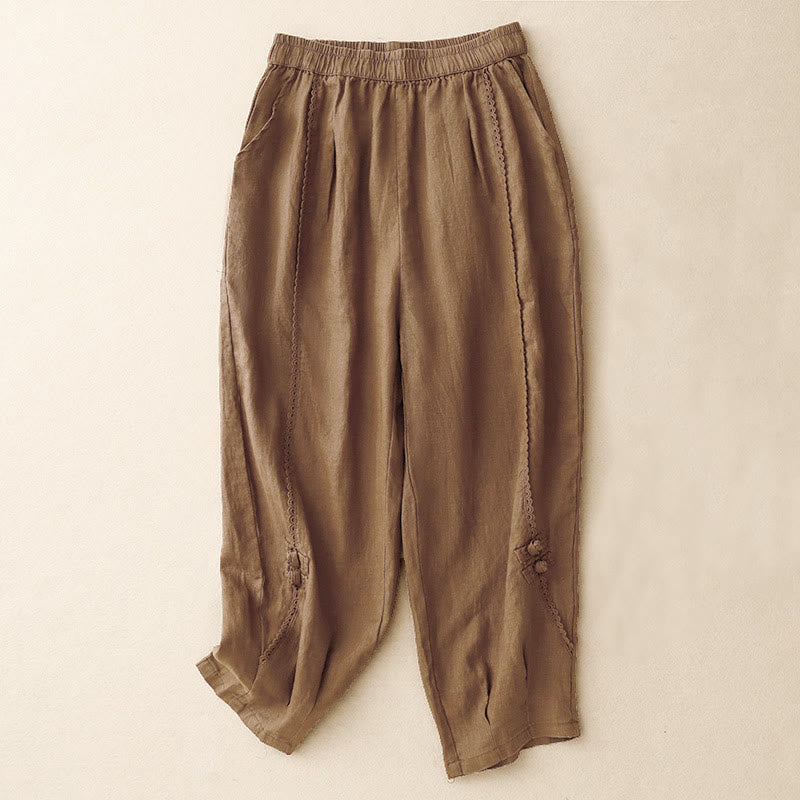 Pantalones de lino y algodón con cintura alta y bolsillos para mujer, con botones de rana y encaje de Buddha Stones Summer