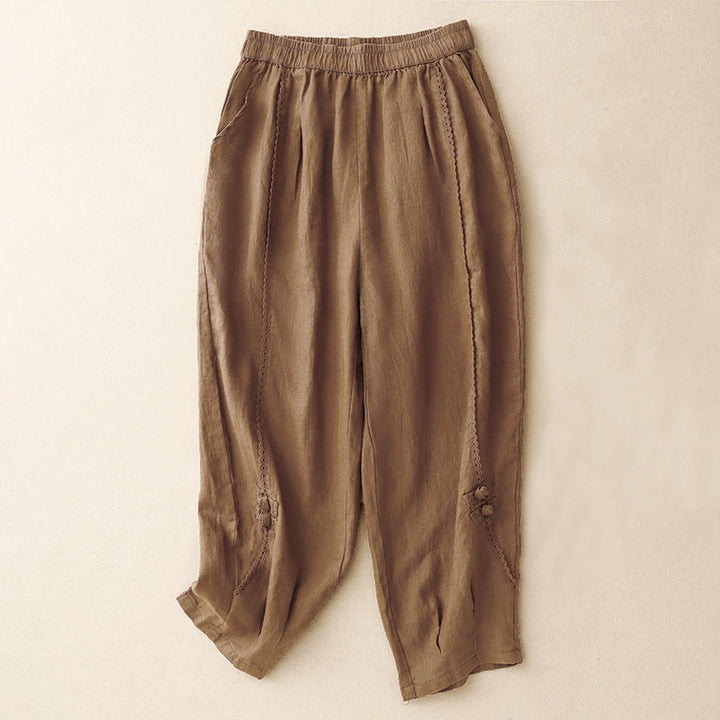 Pantalones de lino y algodón con cintura alta y bolsillos para mujer, con botones de rana y encaje de Buddha Stones Summer