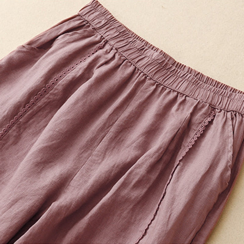 Pantalones de lino y algodón con cintura alta y bolsillos para mujer, con botones de rana y encaje de Buddha Stones Summer