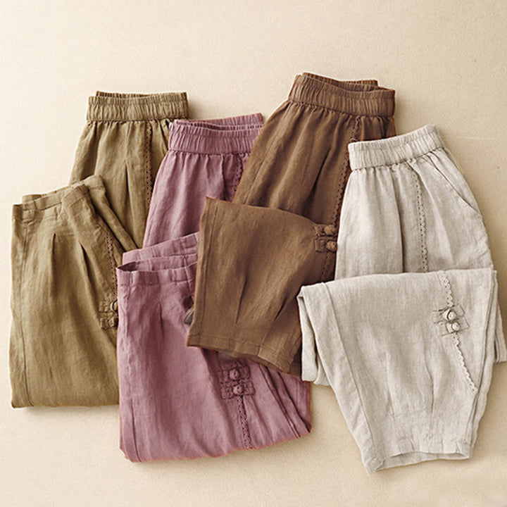 Pantalones de lino y algodón con cintura alta y bolsillos para mujer, con botones de rana y encaje de Buddha Stones Summer