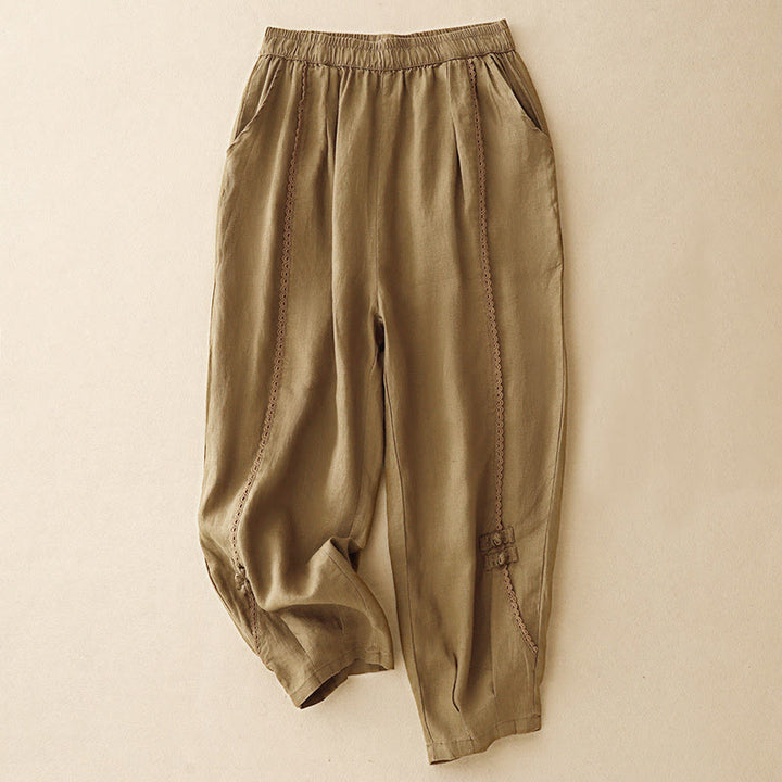 Pantalones de lino y algodón con cintura alta y bolsillos para mujer, con botones de rana y encaje de Buddha Stones Summer