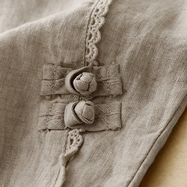 Pantalones de lino y algodón con cintura alta y bolsillos para mujer, con botones de rana y encaje de Buddha Stones Summer