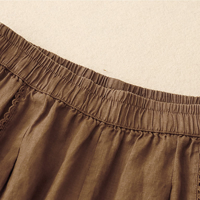 Pantalones de lino y algodón con cintura alta y bolsillos para mujer, con botones de rana y encaje de Buddha Stones Summer