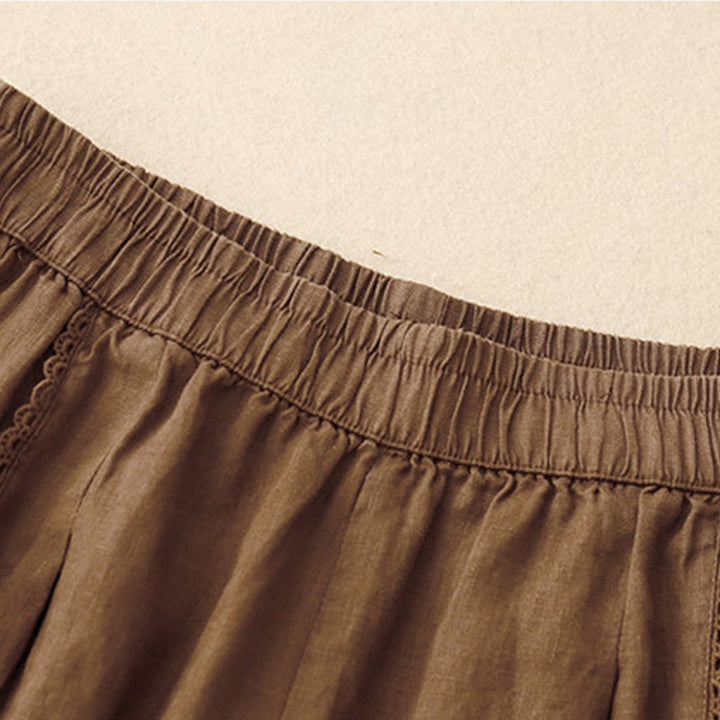 Pantalones de lino y algodón con cintura alta y bolsillos para mujer, con botones de rana y encaje de Buddha Stones Summer