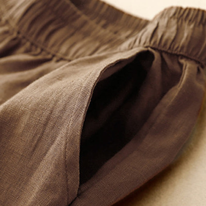 Pantalones de lino y algodón con cintura alta y bolsillos para mujer, con botones de rana y encaje de Buddha Stones Summer