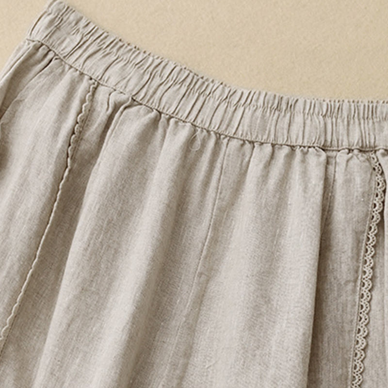 Pantalones de lino y algodón con cintura alta y bolsillos para mujer, con botones de rana y encaje de Buddha Stones Summer