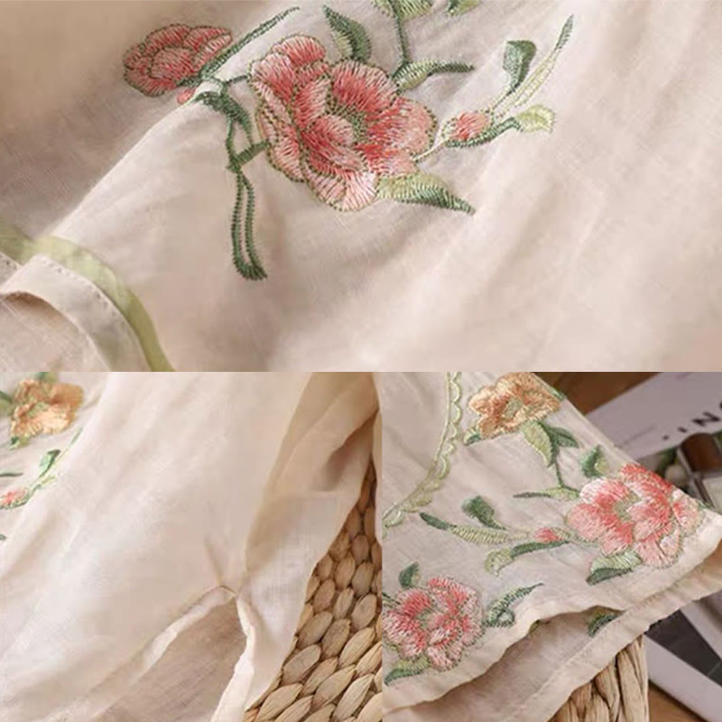 Camisa de lino y algodón para mujer, estilo casual, vintage, con bordado de flores y botones de rana china, cuello redondo - image 2