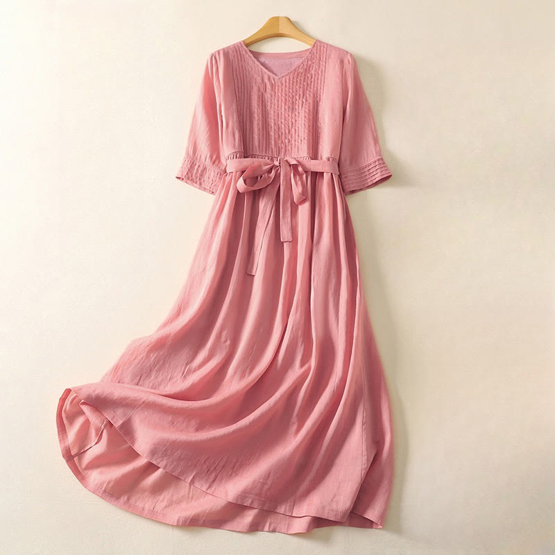 Vestido midi de lino y algodón con pliegues, de verano, de manga corta y con cordones, para mujer, con bolsillos, de Buddha Stones - MistyRose - US8-10,UK/AU12-14,EU40-42 (2XL) - image 0