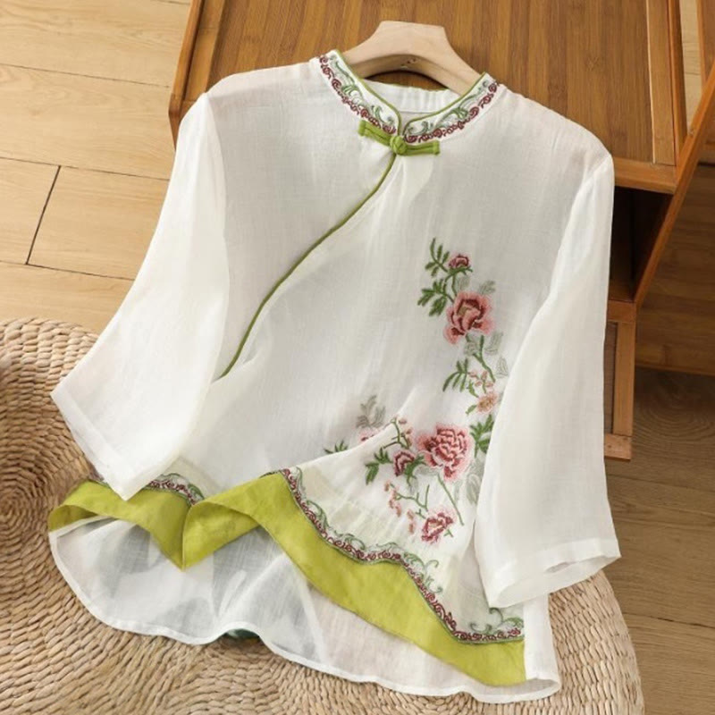 Camisa de lino y algodón para mujer, manga tres cuartos, estilo Buddha Stones de verano, con bordado de flores y botones de rana a juego. - Blanco - US8-10,UK/AU12-14,EU40-42 (2XL) - image 0