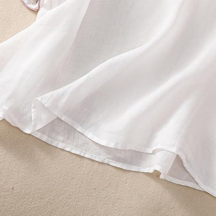 Camisa de lino y algodón para mujer, manga corta, informal, con bordado retro de Buddha Stones y diseño de botones de rana - image 16