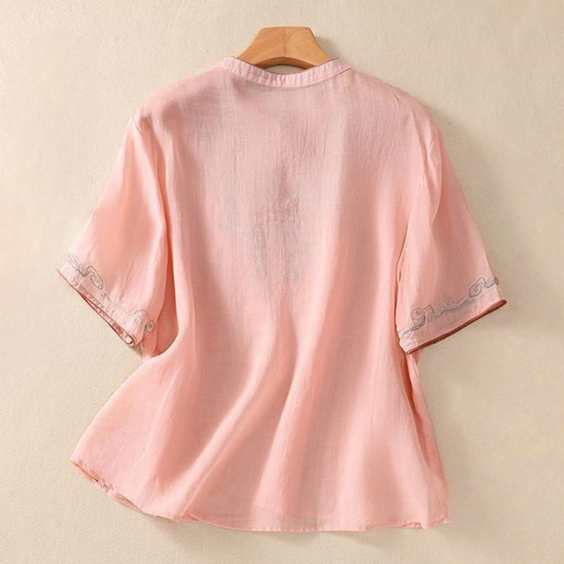 Camisa de lino y algodón para mujer, manga corta, informal, con bordado retro de Buddha Stones y diseño de botones de rana - image 6