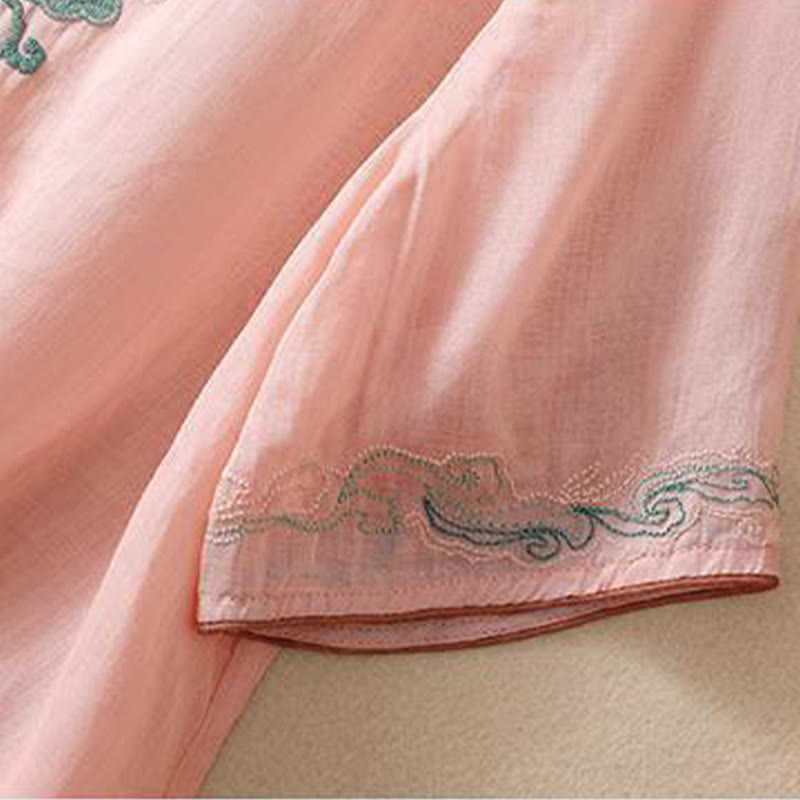 Camisa de lino y algodón para mujer, manga corta, informal, con bordado retro de Buddha Stones y diseño de botones de rana - image 8