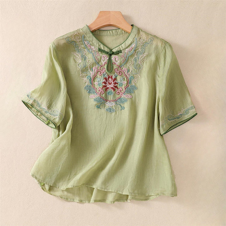 Camisa de lino y algodón para mujer, manga corta, informal, con bordado retro de Buddha Stones y diseño de botones de rana - Verde claro - US14, UK/AU18, EU46 (4XL) - image 2