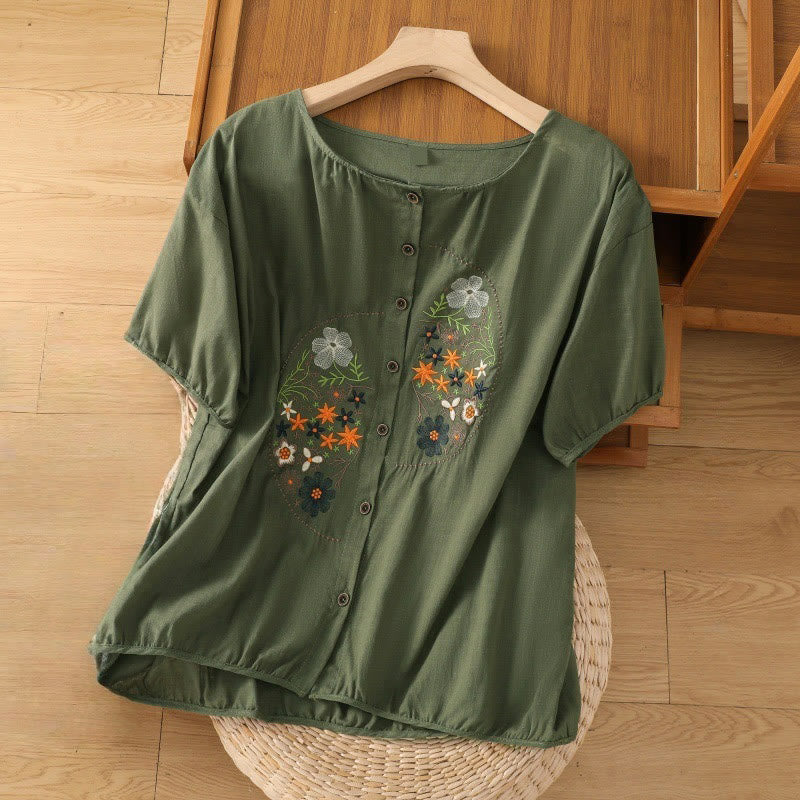 Chaqueta de manga corta de algodón y lino para mujer, con bordado asimétrico vintage de Buddha Stones y estampado de flores y plantas - Verde oscuro - US14,UK/AU18,EU46 (2XL) - image 0