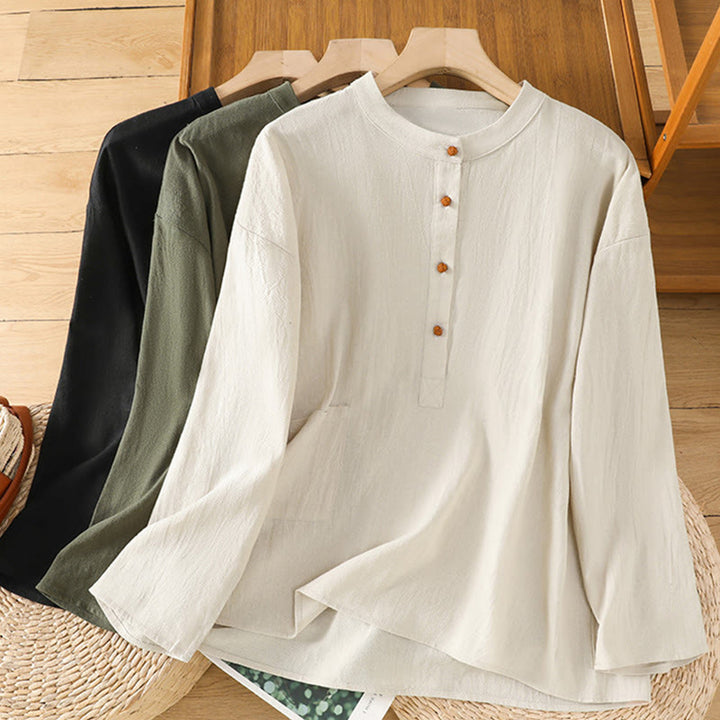 Camisa de lino y algodón de media manga con bolsillo para mujer, diseño sencillo, informal, de verano, con medio botón, de color puro - image 21