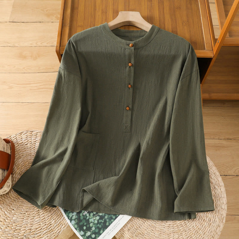 Camisa de lino y algodón de media manga con bolsillo para mujer, diseño sencillo, informal, de verano, con medio botón, de color puro - Verde oliva oscuro - US12, UK/AU16, EU44 (2XL) - image 6