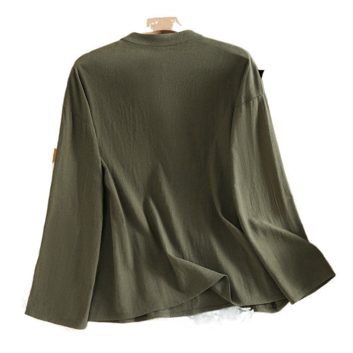 Camisa de lino y algodón de media manga con bolsillo para mujer, diseño sencillo, informal, de verano, con medio botón, de color puro - image 11