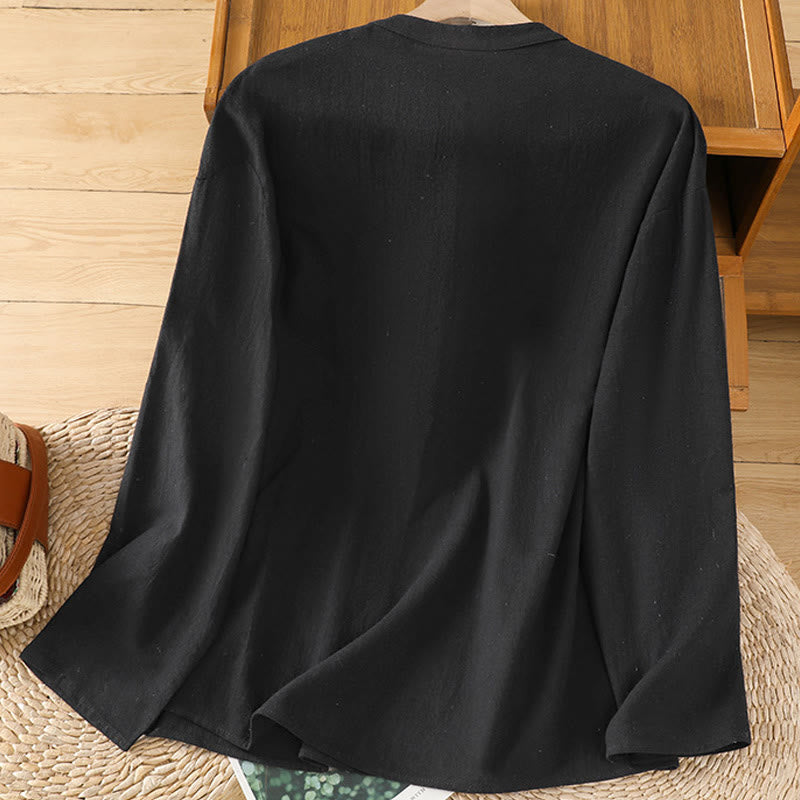 Camisa de lino y algodón de media manga con bolsillo para mujer, diseño sencillo, informal, de verano, con medio botón, de color puro - image 14