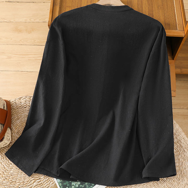 Camisa de lino y algodón de media manga con bolsillo para mujer, diseño sencillo, informal, de verano, con medio botón, de color puro - image 14