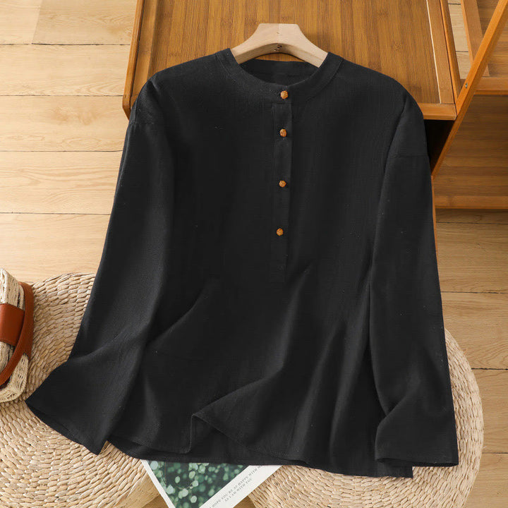 Camisa de lino y algodón de media manga con bolsillo para mujer, diseño sencillo, informal, de verano, con medio botón, de color puro - Negro - US12, UK/AU16, EU44 (2XL) - image 12