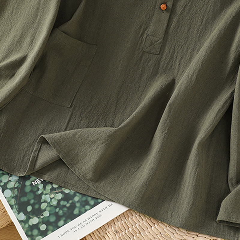 Camisa de lino y algodón de media manga con bolsillo para mujer, diseño sencillo, informal, de verano, con medio botón, de color puro - image 10