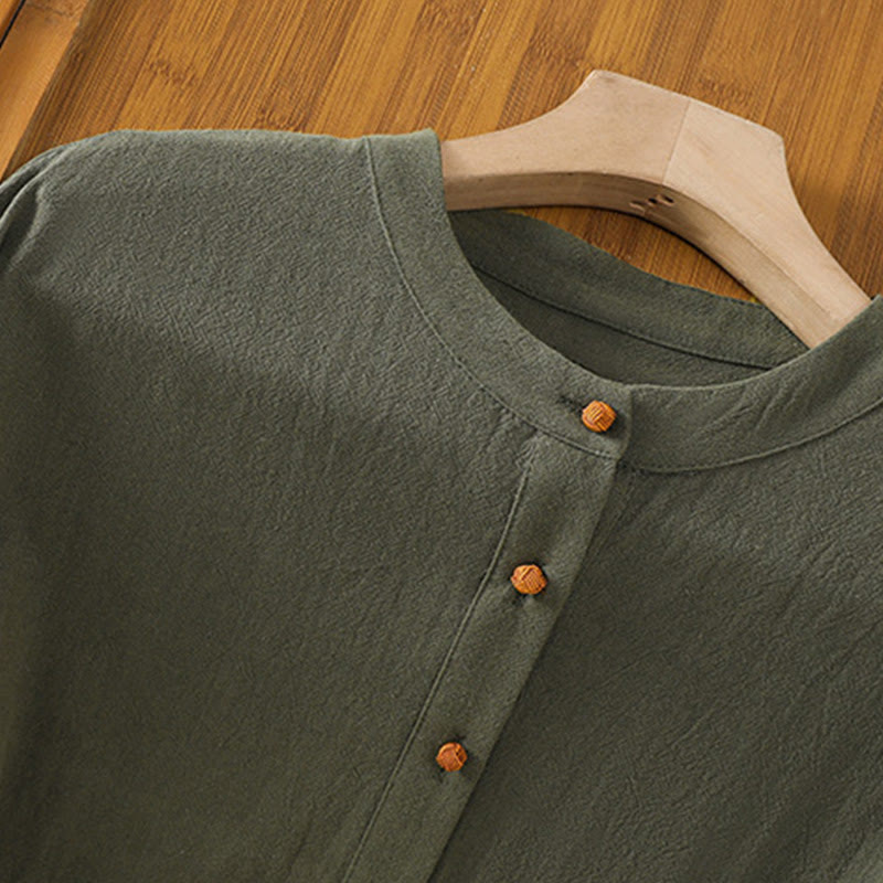 Camisa de lino y algodón de media manga con bolsillo para mujer, diseño sencillo, informal, de verano, con medio botón, de color puro - image 8