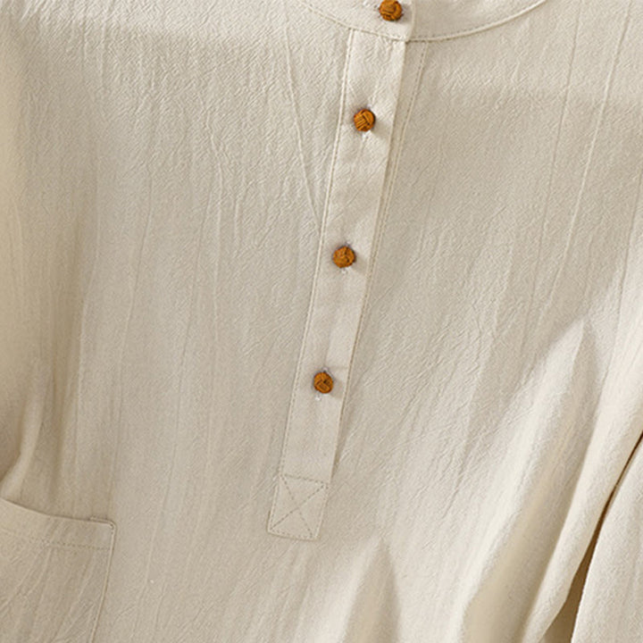 Camisa de lino y algodón de media manga con bolsillo para mujer, diseño sencillo, informal, de verano, con medio botón, de color puro - image 3