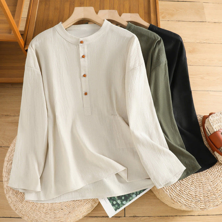 Camisa de lino y algodón de media manga con bolsillo para mujer, diseño sencillo, informal, de verano, con medio botón, de color puro - image 22