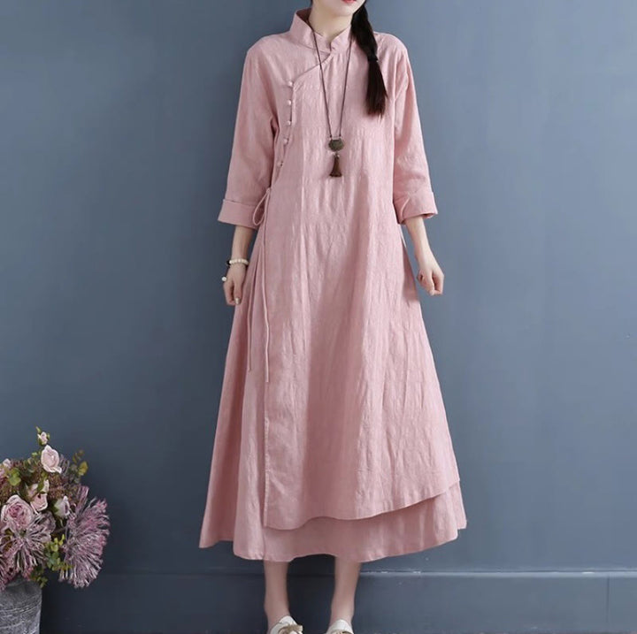 Vestido midi informal de lino y algodón con cordones laterales, diseño de botones de rana y estampado de Buddha Stones para primavera - Rosa claro - US8-10,UK/AU12-14,EU40-42 (2XL) - image 15