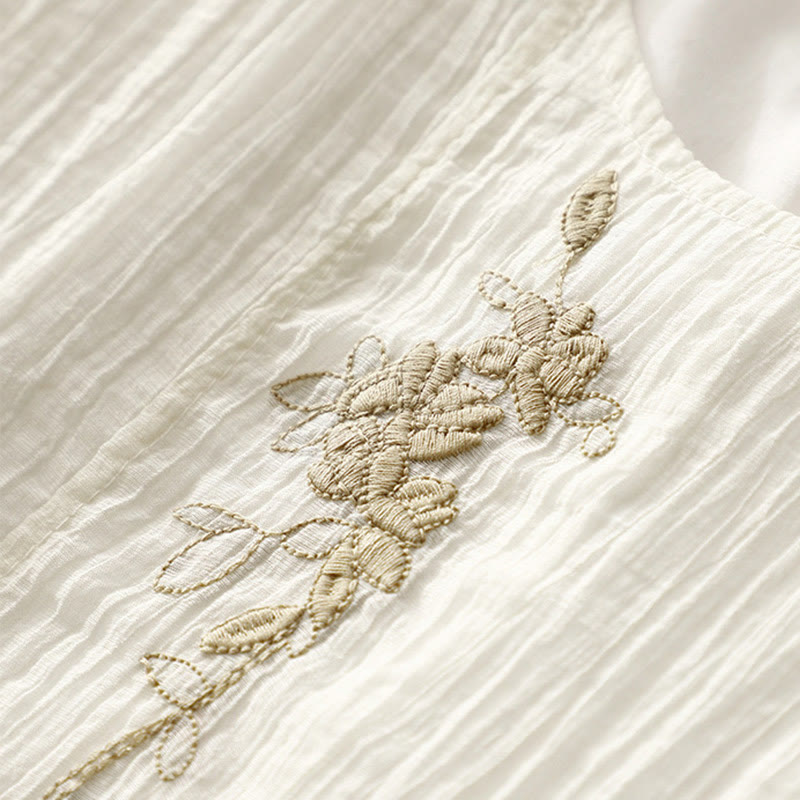 Vestido midi informal de verano con bordado liso y doble capa de algodón y lino de manga corta con Buddha Stones - image 13