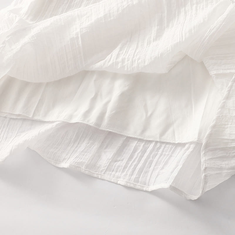 Vestido midi informal de verano con bordado liso y doble capa de algodón y lino de manga corta con Buddha Stones - image 30