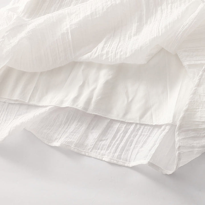 Vestido midi informal de verano con bordado liso y doble capa de algodón y lino de manga corta con Buddha Stones - image 30