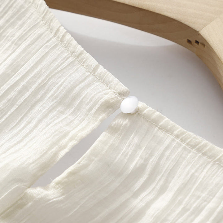 Vestido midi informal de verano con bordado liso y doble capa de algodón y lino de manga corta con Buddha Stones - image 16