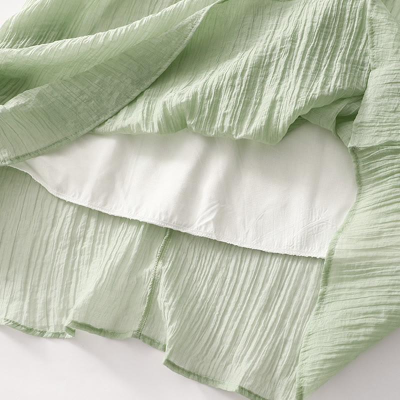 Vestido midi informal de verano con bordado liso y doble capa de algodón y lino de manga corta con Buddha Stones - image 9