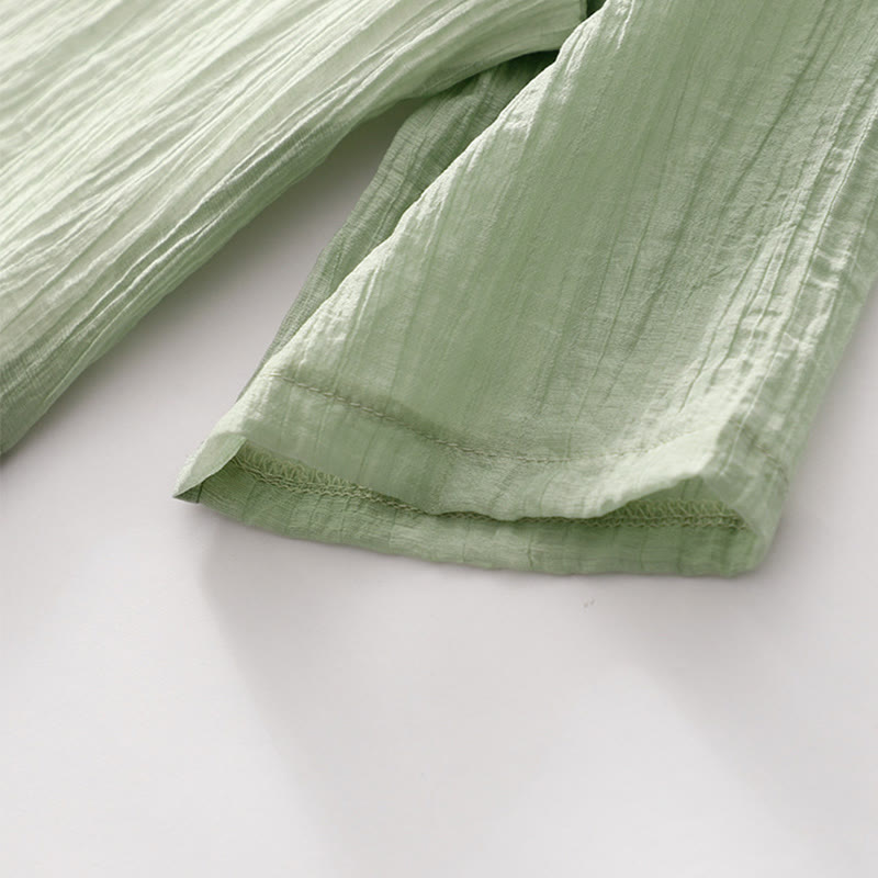 Vestido midi informal de verano con bordado liso y doble capa de algodón y lino de manga corta con Buddha Stones - image 5