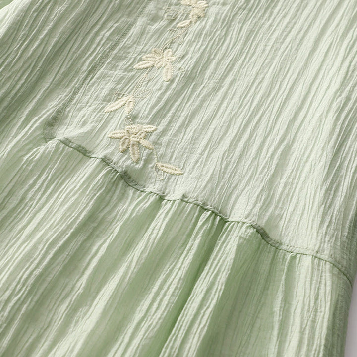 Vestido midi informal de verano con bordado liso y doble capa de algodón y lino de manga corta con Buddha Stones - image 4