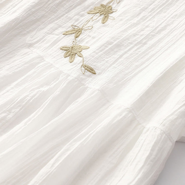 Vestido midi informal de verano con bordado liso y doble capa de algodón y lino de manga corta con Buddha Stones - image 25