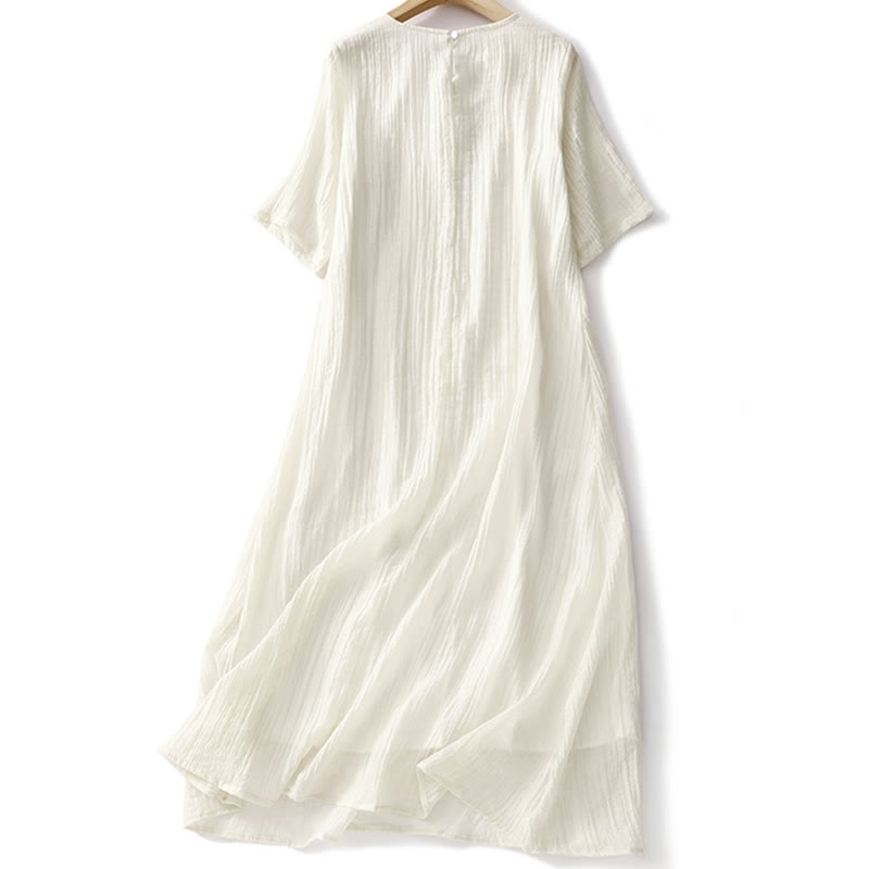Vestido midi informal de verano con bordado liso y doble capa de algodón y lino de manga corta con Buddha Stones - image 11