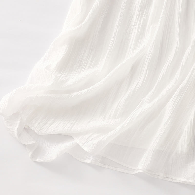 Vestido midi informal de verano con bordado liso y doble capa de algodón y lino de manga corta con Buddha Stones - image 31