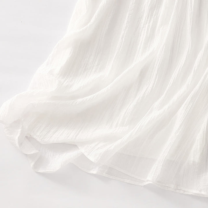 Vestido midi informal de verano con bordado liso y doble capa de algodón y lino de manga corta con Buddha Stones - image 31