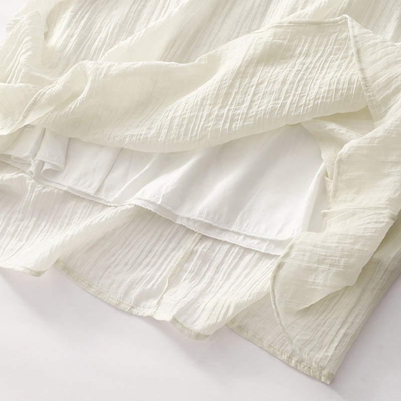 Vestido midi informal de verano con bordado liso y doble capa de algodón y lino de manga corta con Buddha Stones - image 21