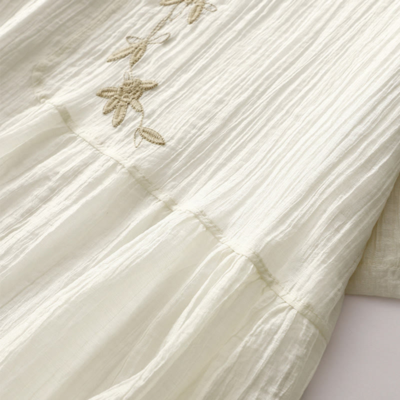 Vestido midi informal de verano con bordado liso y doble capa de algodón y lino de manga corta con Buddha Stones - image 14