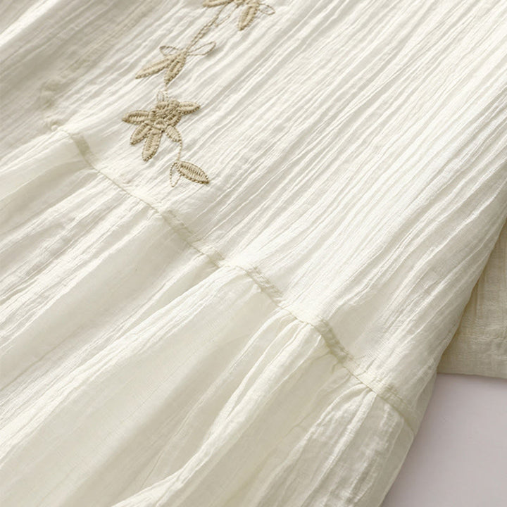 Vestido midi informal de verano con bordado liso y doble capa de algodón y lino de manga corta con Buddha Stones - image 14