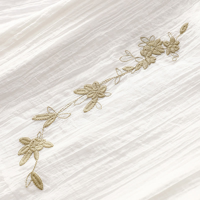 Vestido midi informal de verano con bordado liso y doble capa de algodón y lino de manga corta con Buddha Stones - image 24