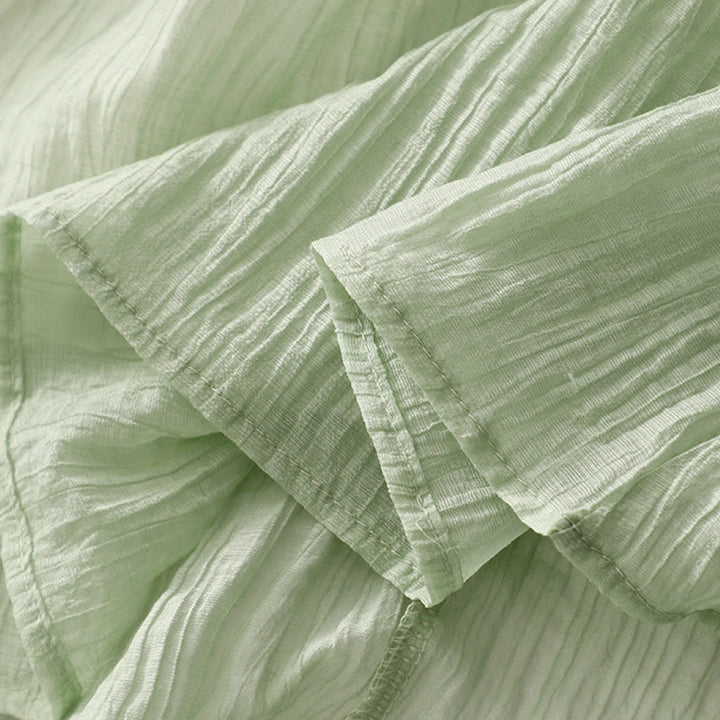 Vestido midi informal de verano con bordado liso y doble capa de algodón y lino de manga corta con Buddha Stones - image 7