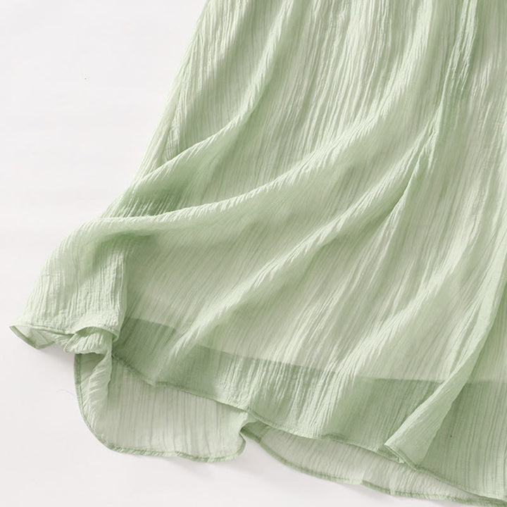 Vestido midi informal de verano con bordado liso y doble capa de algodón y lino de manga corta con Buddha Stones - image 8