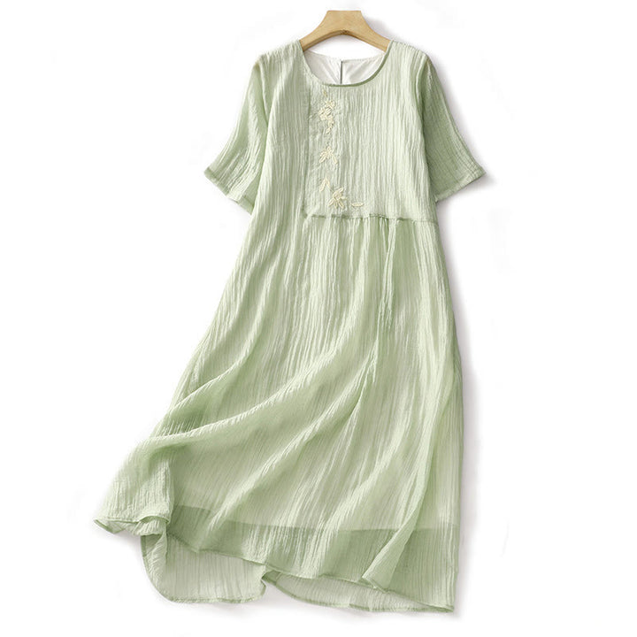 Vestido midi informal de verano con bordado liso y doble capa de algodón y lino de manga corta con Buddha Stones - Verde pálido - US8-10,UK/AU12-14,EU40-42 (2XL) - image 1