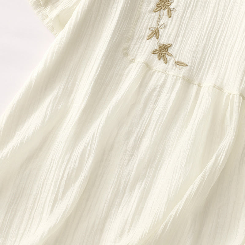 Vestido midi informal de verano con bordado liso y doble capa de algodón y lino de manga corta con Buddha Stones - image 15