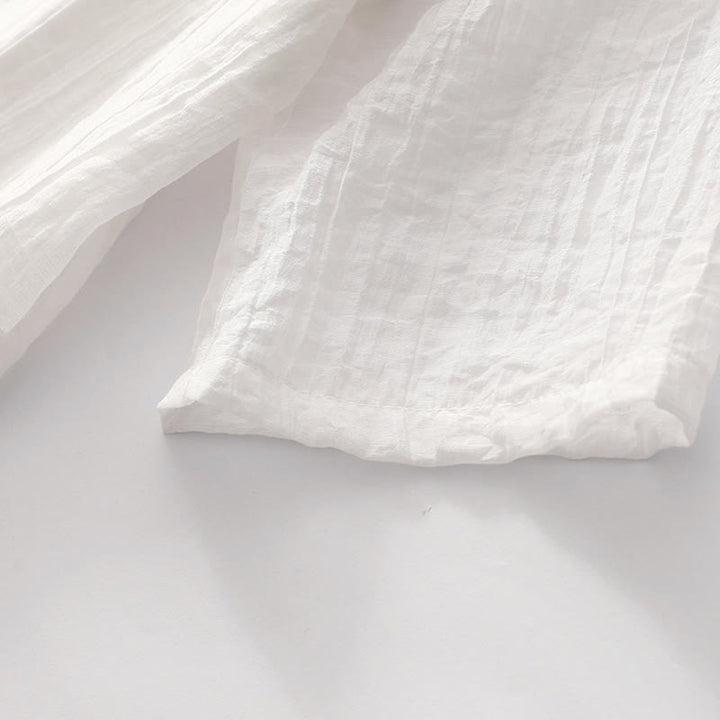 Vestido midi informal de verano con bordado liso y doble capa de algodón y lino de manga corta con Buddha Stones - image 27